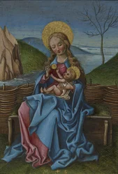 Matka Boska z Dzieciątkiem na ławce porośniętej trawą